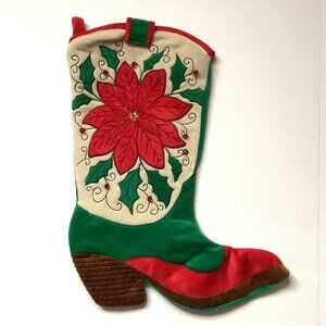 Figi Christmas Tree Stocking Boot Velour Western Cowboy Cowgirl Poinsettia